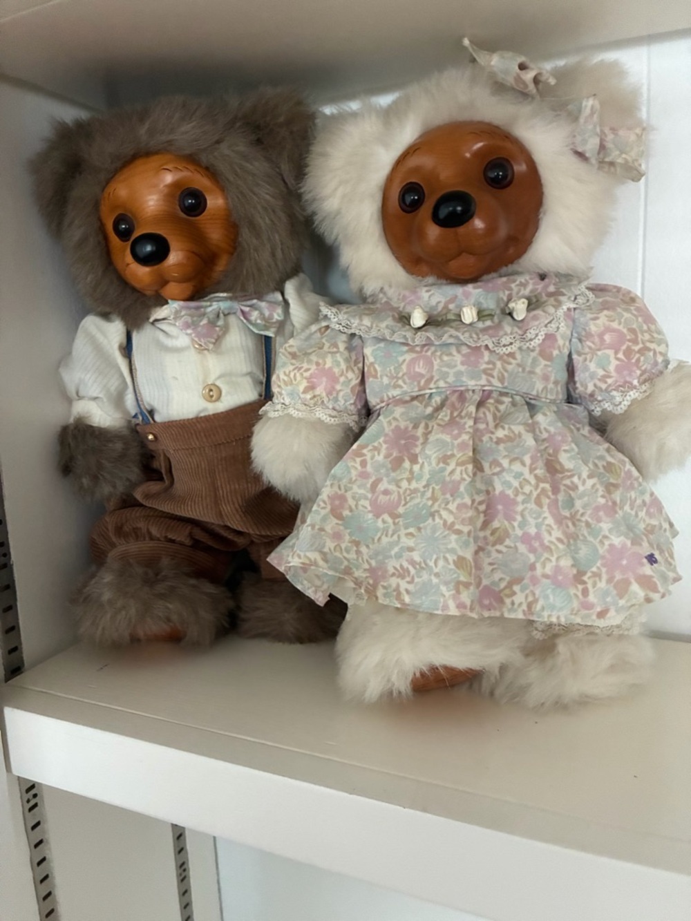 Vintage-Style Plush Bear Pair — White & Brown Plush with Floral Dress